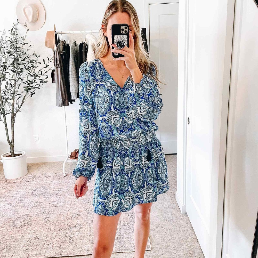 Parker Blue Silk Paisley Boho Printed Peasant Dress